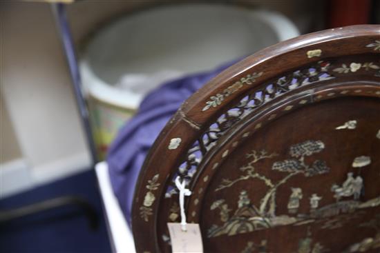 A Chinese rosewood and mother of pearl inlaid table screen, width 51cm height 75cm, old repairs